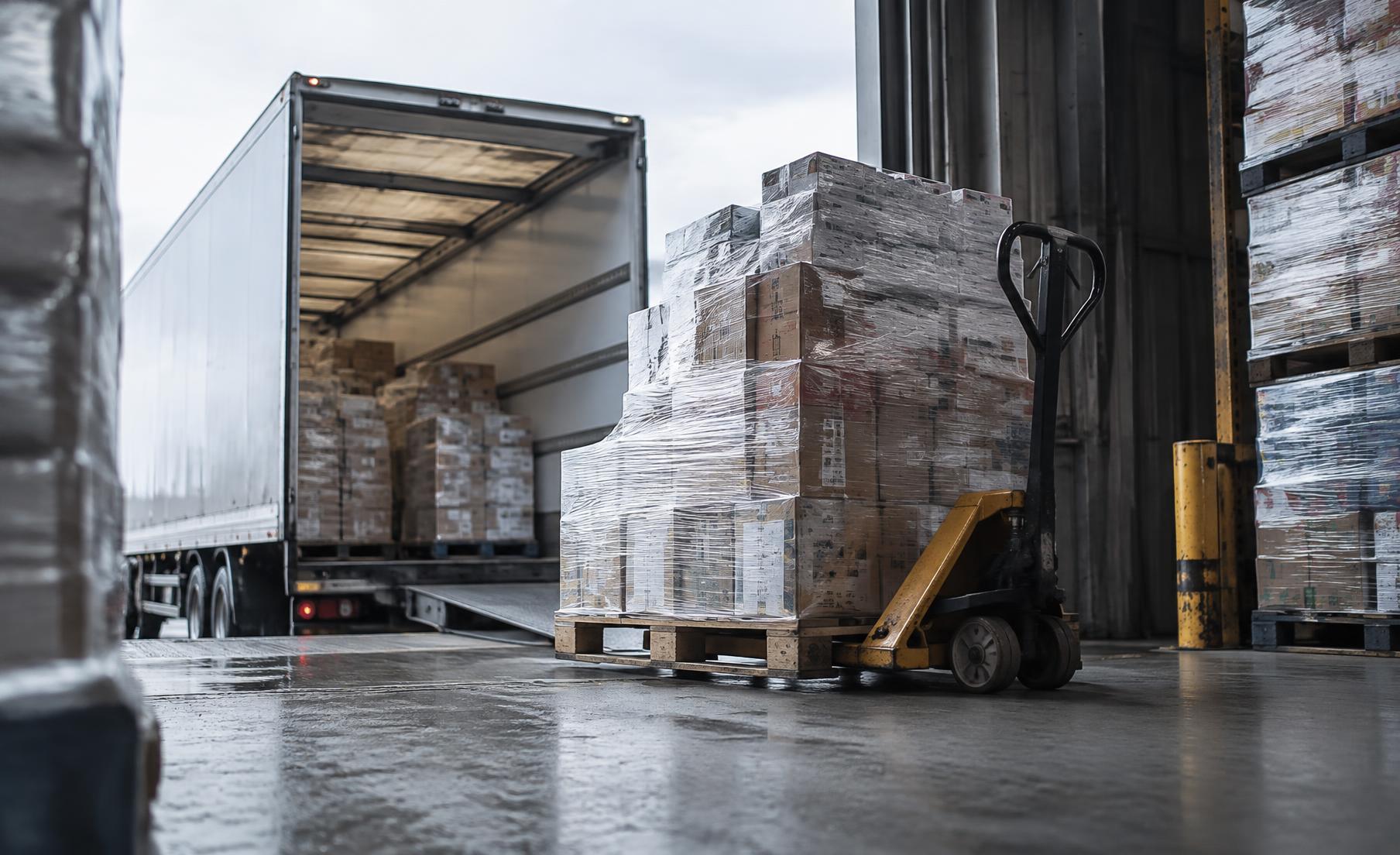 Palletised wholesale cases moving through a loading bay