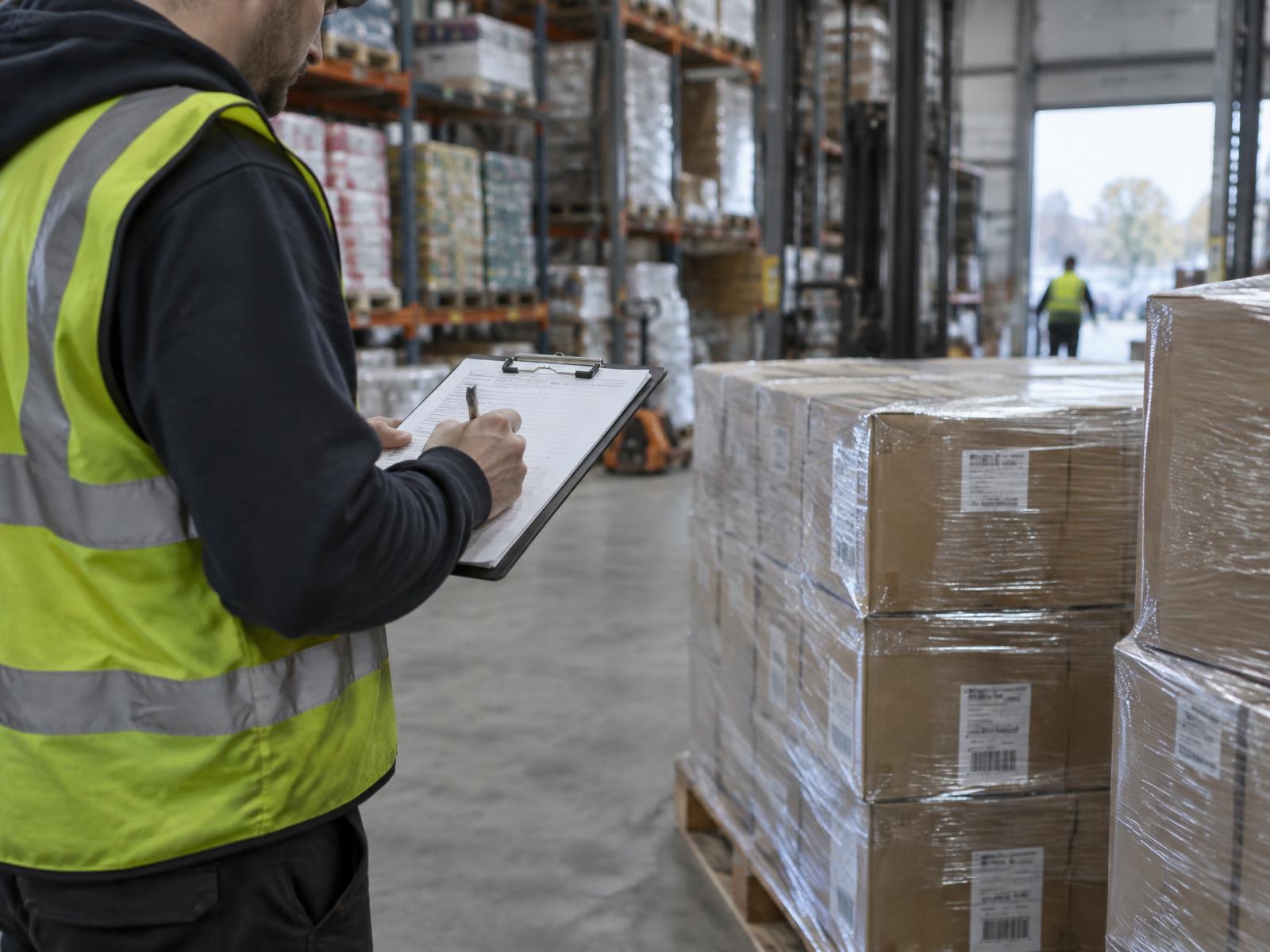 Wholesale cases being checked against a manifest