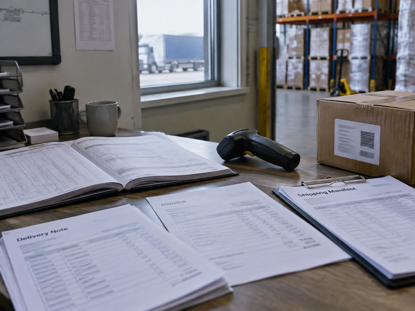 Stock ledgers and shipping documents in a wholesale operations office
